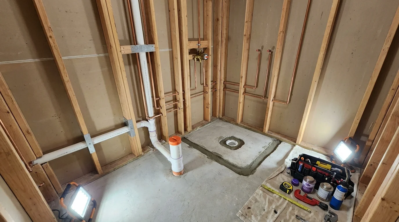 Bathroom rough-in plumbing during remodel by Johns Plumbing LLC in Bossier City