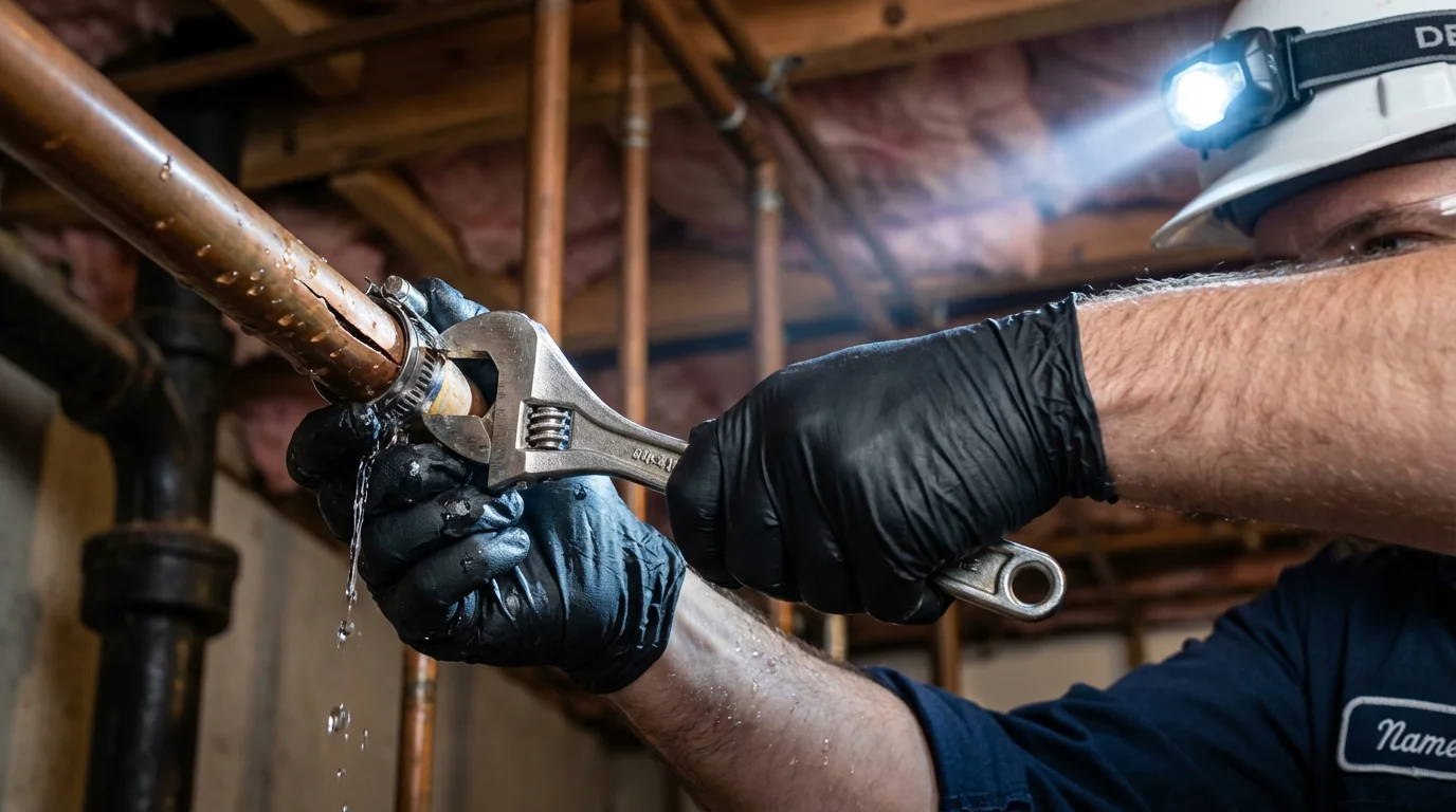 Emergency pipe clamp repair being performed by a Johns Plumbing LLC plumber in Bossier City