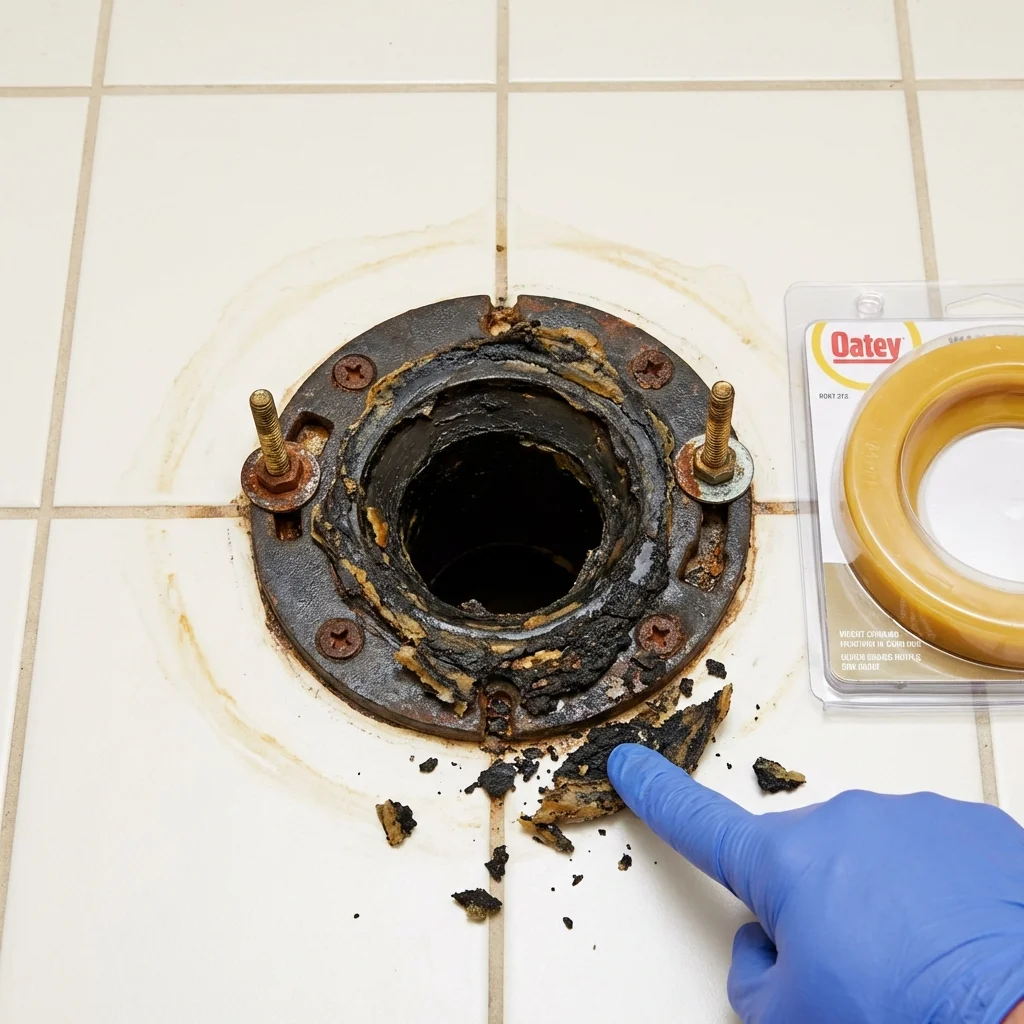 Failed wax ring showing water seepage at the base of a toilet in a Bossier City, LA home