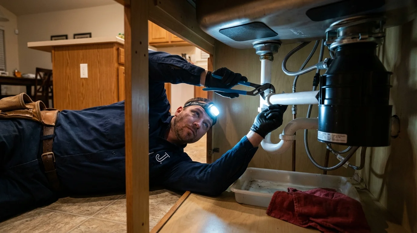 P-trap and supply line connections under a kitchen sink showing a common leak point in Bossier City, LA